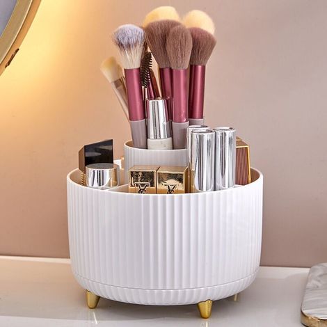 Aufbewahrungsbox, Make-up-Pinsel-Organizer, 360° drehbarer Halter – Make-up-Pinsel, 5 Fächer für Make-up, Parfüm, Lippenstift, Badezimmer, Schlafzimmer, Schminktisch (Weiß) (1/3)