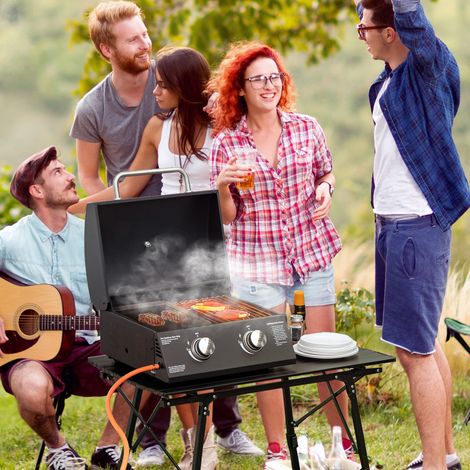 Barbecue pliant gaz 2 brûleurs portable couvercle acier carbone camping pique-nique plein air 55x46,5x41cm, noir (1/4)