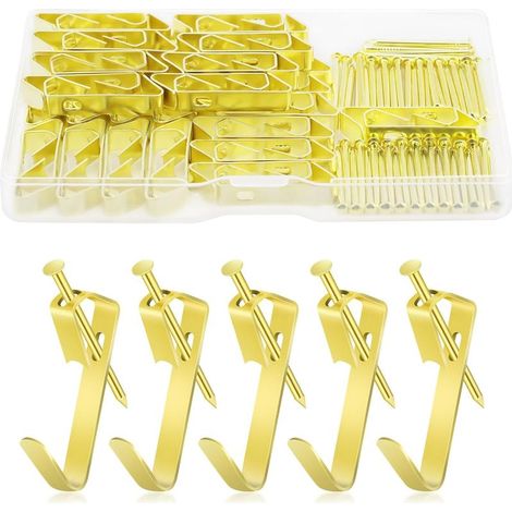 50 crochets muraux pour cadres photo, fixations dorées avec clous, supports pour cadres et miroirs (1/5)