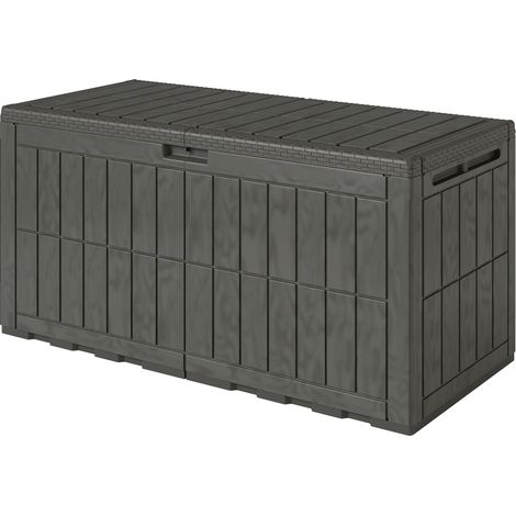 Coffre de rangement extérieur, capacité 440 L, en résine résistante à l'eau et aux UV, avec couvercle verrouillable et barres de sécurité, couleur café. (1/5)
