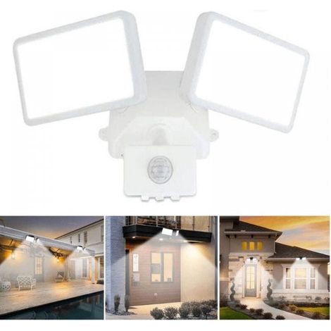 Foco LED con detector de movimiento ajustable, cabezales LED dobles, clasificación de impermeabilidad IP65, luz blanca diurna, para parques, garajes y entradas, color blanco (1/5)