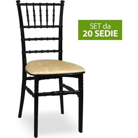 Set da 20 Sedie Chiavarine in Plastica Nere con cuscino coordinato in vellutino