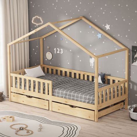 ML-Design Letto Casetta con Tetto per Bambini 90 x 200 cm in Legno di Pino Naturale, Rete a Doghe, Barriera Anticaduta e 2 Cassetti Contenitore, Lettino Montessori a Pavimento, Letto Singolo per Bimbi (1/5)