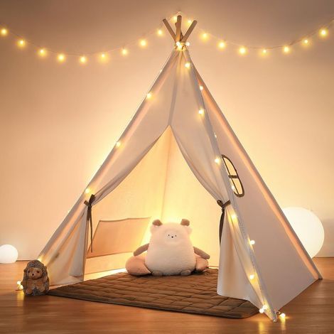 Enfant avec Tapis Rembourré & Fixateur & Lumière, Pur Coton Naturel, Tente Enfant Interieur pour Garçon et Fille (Ivore) (1/5)