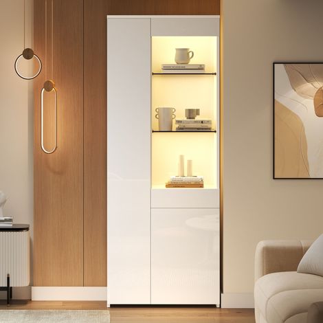 Vitrine en verre avec un tiroir et plusieurs compartiments de rangement, éclairage LED, design moderne, 70 x 35 x 180 cm, Blanc (1/5)