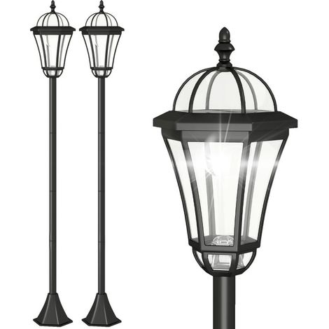 2 lampadaires sur pied solaires d'extérieur jardin avec 2 lampes LED blanc 6000K IP44 Ø18,5 x 129H cm noir