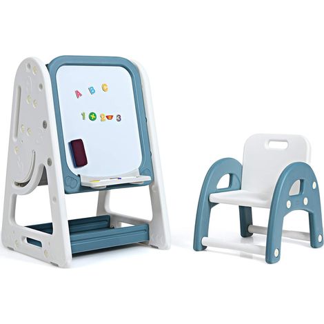 COSTWAY Caballete para Niños con Estantes y Tablero Plegable Silla para Niños Pizarra de Blanco con Letras y Números Magnéticos para Habitación para Niños (Azul Marino) (1/5)
