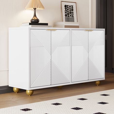 Buffet Moderne Blanc avec quatre portes moulurées,étagères réglables,Poignées en métal et Pieds sphériques,120L x 35l x 71.5Hcm