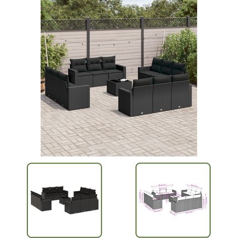 The Living Store Salon de jardin avec coussins 13 pcs noir résine tressée - Ensemble Salon De Jardin - Meuble De Jardin - Canapé D'extérieur - Résine Tressée - Rotin Synthétique (1/3)