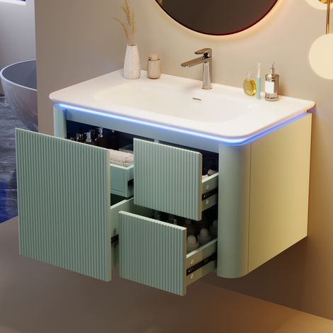 Lavabo suspendu mural 80,5x47,5x51 cm en résine laquée, meuble colonne avec rangement, éclairage LED détecteur radar, tiroirs à fermeture douce, design robuste, cuve intégrée, teinte verte (1/5)