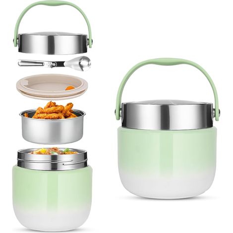 Récipient isotherme pour aliments 1200ML,Boîte à lunch avec couvercle,Récipient de maintien au chaud en acier inoxydable avec cuillère pliable,pour le stockage de farine,soupe,déjeuner,fromage (Vert) (1/5)