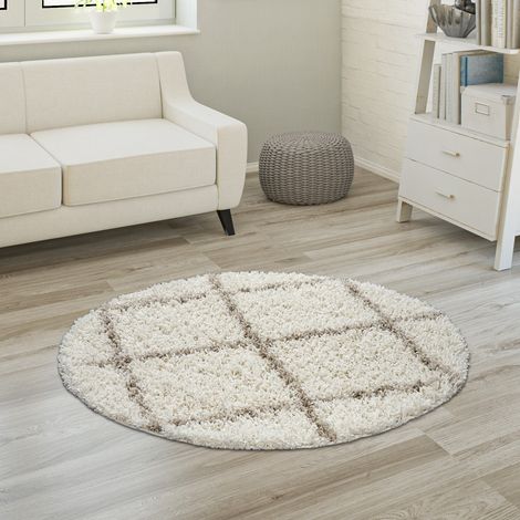 Paco Home Hochflor Teppich Weicher Wohnzimmer Shaggy Skandinavischer Stil Rautenmuster Ø 120 cm Rund, Beige-Creme