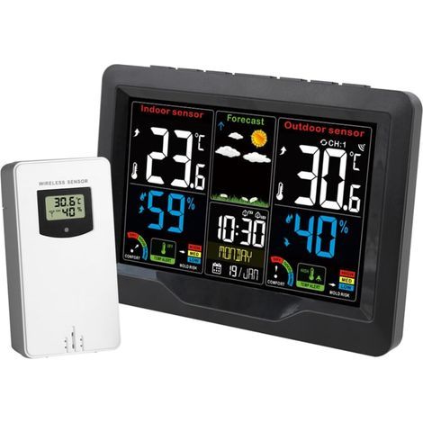 Color Weather Clock with Sensor, Indoor Thermometer and Hygrometer, USB Rechargeable Alarm (1/5)