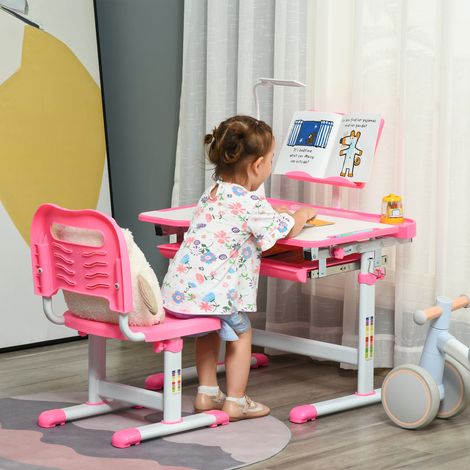 Bureau avec scolaire chaise pour enfants de 6 à 12 ans en hauteur réglable - table basculant à 45° et lampe LED en acier et MDF - rose