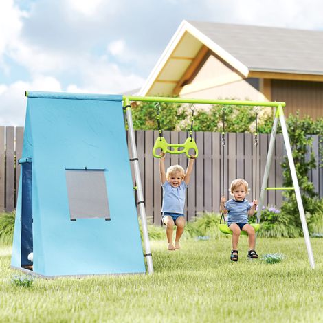 Portique 3 en 1, tente de jeu, balançoire, anneaux de gymnastique, métal, plastique, vert