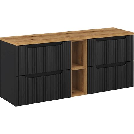 Mueble bajo lavabo 140cm 4 cajones 2 compartimientos Riva Negro y Madera (1/4)