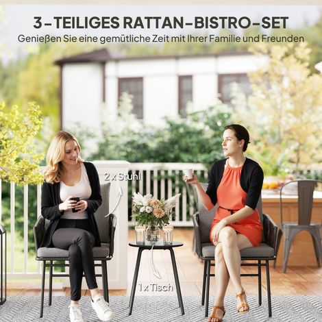 Salon bistro 3 pièces en résine tressée, groupe d’assise de jardin deux fauteuils et table, coussins déhoussables, structure acier pour balcon et jardin gris (1/4)