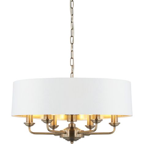 Endon Highclere Lampada da soffitto a sospensione con paralume singolo, piastra in ottone anticato, tessuto bianco vintage (1/5)