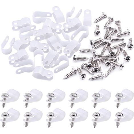 Lot de 120 clips de câble en plastique nylon blanc de type R de 0,95 cm, kit de clips de fixation pour cordon de montage à vis en nylon avec 120 vis pour la gestion des câbles (0,95 cm, blanc) (1/5)
