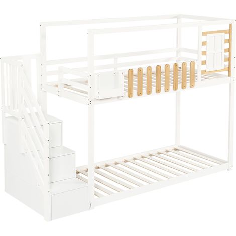 Cama alta con escalera, ventana y almacenaje, madera y MDF, blanco 90x200 cm HOMVRA (1/5)