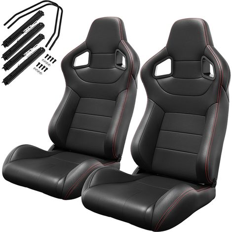 Asientos racing universales negros de PVC con costuras rojas, 2 piezas, reclinables (1/5)