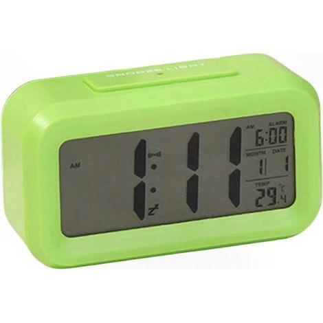 Réveil en plastique blanc avec calendrier, affichage de la température, fonction snooze et veilleuse automatique  fonctionne sur piles  affichage numérique  vert. (1/5)