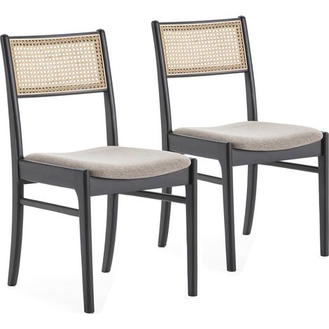 Set di 2 sedie Vilma Colore Nero Lavato, Legno massello e rattan naturale