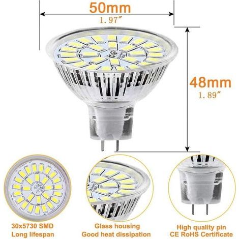 MR16 LED Bulb, GU5.3 5W LED Light, Equivalent to 50W Halogen Bulb, Cool White 6000K 450LM AC/DC 12V-24V Non-Dimmable LED Spotlight (Pack of 10) [Energy Class F] (1/3)