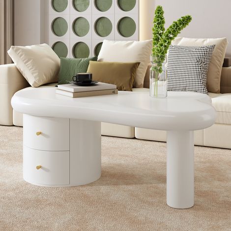 Couchtisch 97x64x42 cm, unregelmäßige Form, mit 2 Schubladen, MDF, Weiß (1/5)
