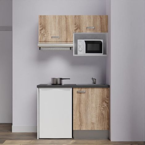 Kitchenette K02L-PT - 120 cm avec plan de travail et évier - emplacements frigo, hotte et micro-ondes - Façade Bois - Plan Noir texturé - Evier Inox - Crédences Non