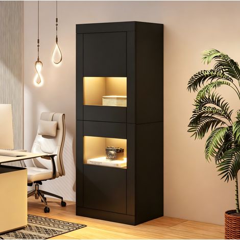 Vitrine noire avec éclairage LED, 1 étagère en verre réglable, 61 x 42 x 162 cm, meuble de rangement sur pieds (1/5)