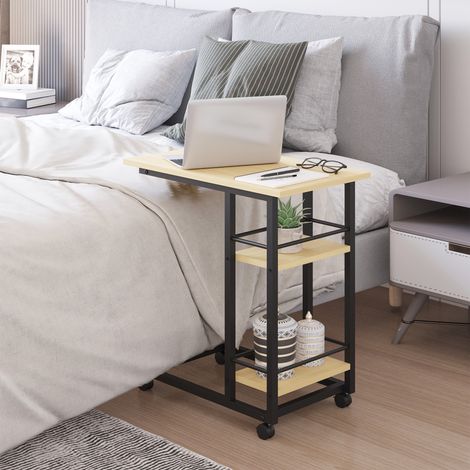 Mesa Auxiliar con Ruedas Mesa Lateral en Forma de C con 2 Estantes Estilo Moderno 60x34,5x64,5 cm Natural (1/5)