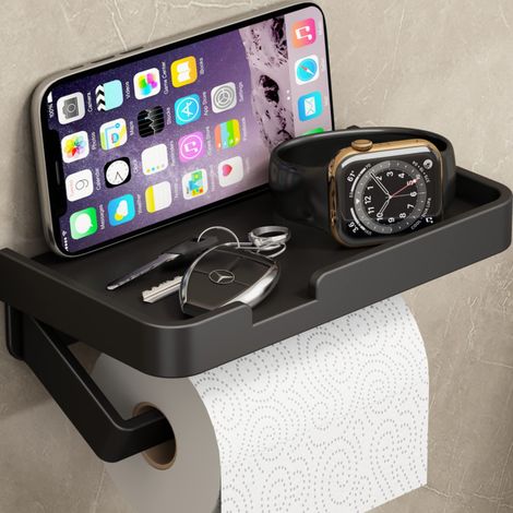 Porte-papier toilette sans perçage avec étagère, porte-papier toilette en acier inoxydable, autocollant, support mural pour salle de bain, toilettes, cuisine, noir (1/5)