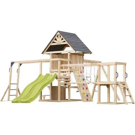 Axi Hunter Aire De Jeux En Bois, 2 Balançoires, Toboggan Double, Vert Citron Maisonnette Xxl / Equipement De Jeux Pour Enfants Avec Structure D'Escalade, Pont Suspendu Et Trapèze Pour Le Jardin