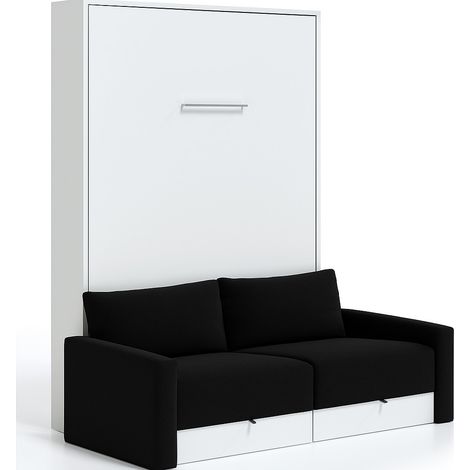 Lit escamotable vertical à tiroirs et canapé tissu VALENCIA Matelas mousse 18 cm Noir-Avec matelas-80x180-Canapé Noir-Structure Blanche (1/5)