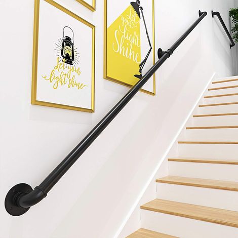 Main Courante pour Escalier Intérieur Extérieur Mur Balustrade de Rampe de Pied Garde-Corps de Support Poignée Rambarde de Sécurité - Kit Complet - Métal Fer Forgé Noir,240cm (1/5)