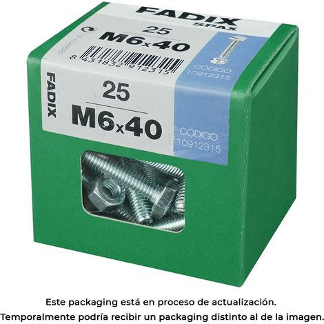 Caja de 25 unidades de tornillo métrico con cabeza hexagonal y tuerca en cinc M 6x40mm Fadix