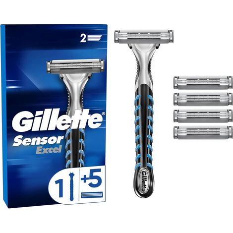 Gillette Sensor Excel Rasierer Herren — Inkl. 1 Nassrasierer Rasierer und 3 Rasierklingen mit Doppelklinge, Geschenk Männer — Schwarz/Grau