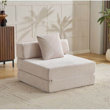 Canapé de sol convertible pliable 2 en 1, fauteuil relax et couchage d'appoint, velours côtelé - blanc (1/5)