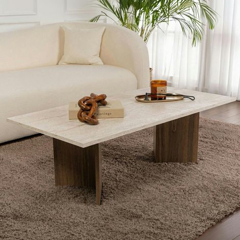 Table basse rectangulaire décor travertin et noyer MARFA (1/5)