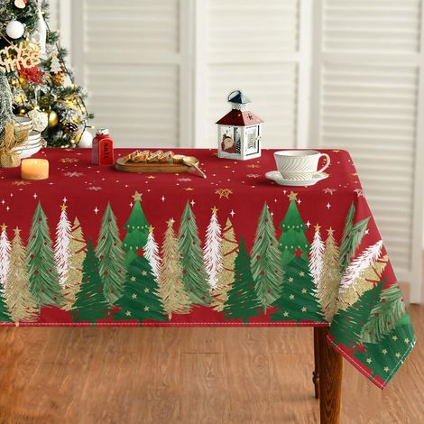 Weihnachts-Tischdecke 140x110 cm mit Schneeflocken & Bäumen, fleckschützend