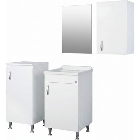 Meuble de buanderie en stratifié imperméable avec évier 45x50, meuble bas, meuble haut et miroir 45x60 – Blanc – Negrari (1/4)