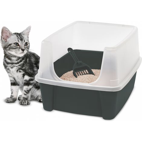 Iris Ohyama – Bac à litière pour chat avec pelle – Parois hautes pour éviter les éclaboussures – Dimensions L48,5 x P38 x H30 cm – Polypropylène résistant