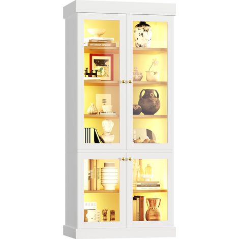 Meuble de rangement haut contemporain avec spot LED intégré, vitrine vitrée, étagères ajustables et fixation murale antichute robuste, sécurisé et adapté à tout intérieur finition blanc (1/5)