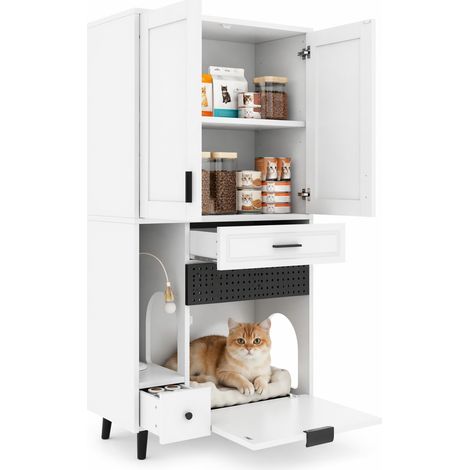 CHICFURN Armario para gato 80x40x161 cm de madera reconstituida blanco con zona de descanso (1/5)