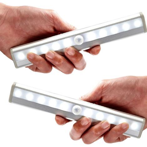 lot de 2 veilleuses LED avec détecteur de mouvement, éclairage armoire placard vitrine, réglette LED, auto-adhésif, alimentation par piles AAA (non fournies), finition aluminium (1/5)