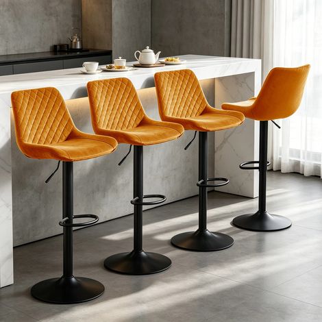 Bar Stools Gas Lift Stools Velvet Breakfast Kitchen Club Cafe Swivel Chairs,4Pcs Orange