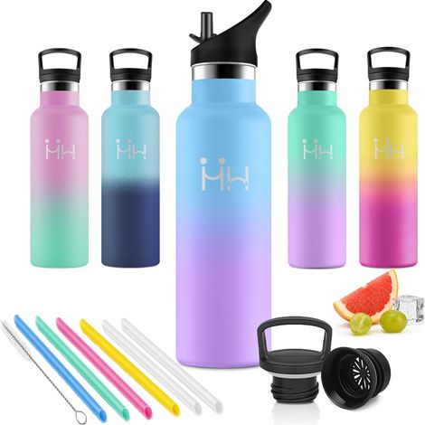 Gourde 500ml avec Paille, sans BPA, Bouteille avec Filtre, Double Paroi, Étanche, Gourde Réutilisable, Bouteille D'eau pour École, Yoga, Bureau et Outdoor (1/5)