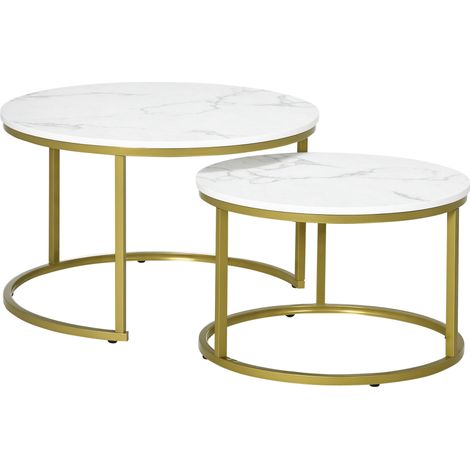 Coffee Table Set of 2, Round Nest of Tables with Metal Frame, Modern Side Tables for Living Room, White