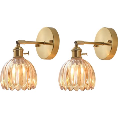 Applique Murale Vintage Verre Ambre avec Douille E27 et Interrupteur Rotatif,Abat-Jour Pétale Décoratif pour Chambre,Couloir,Salon - Lot de 2 (1/5)